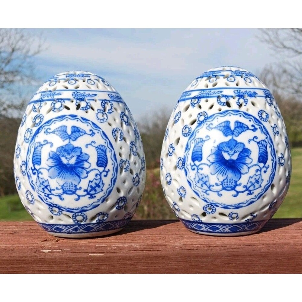 PAIR Bombay Company Reticulated Porcelain China Blue White Egg Figurines 4.25" H